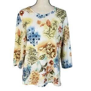 Alfred Dunner Small Top Floral Beaded Stretch 3/4 Sleeve Slits Sequin Multicolor